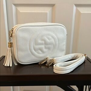 White Leather Zip-top Crossbody Bag with Strap